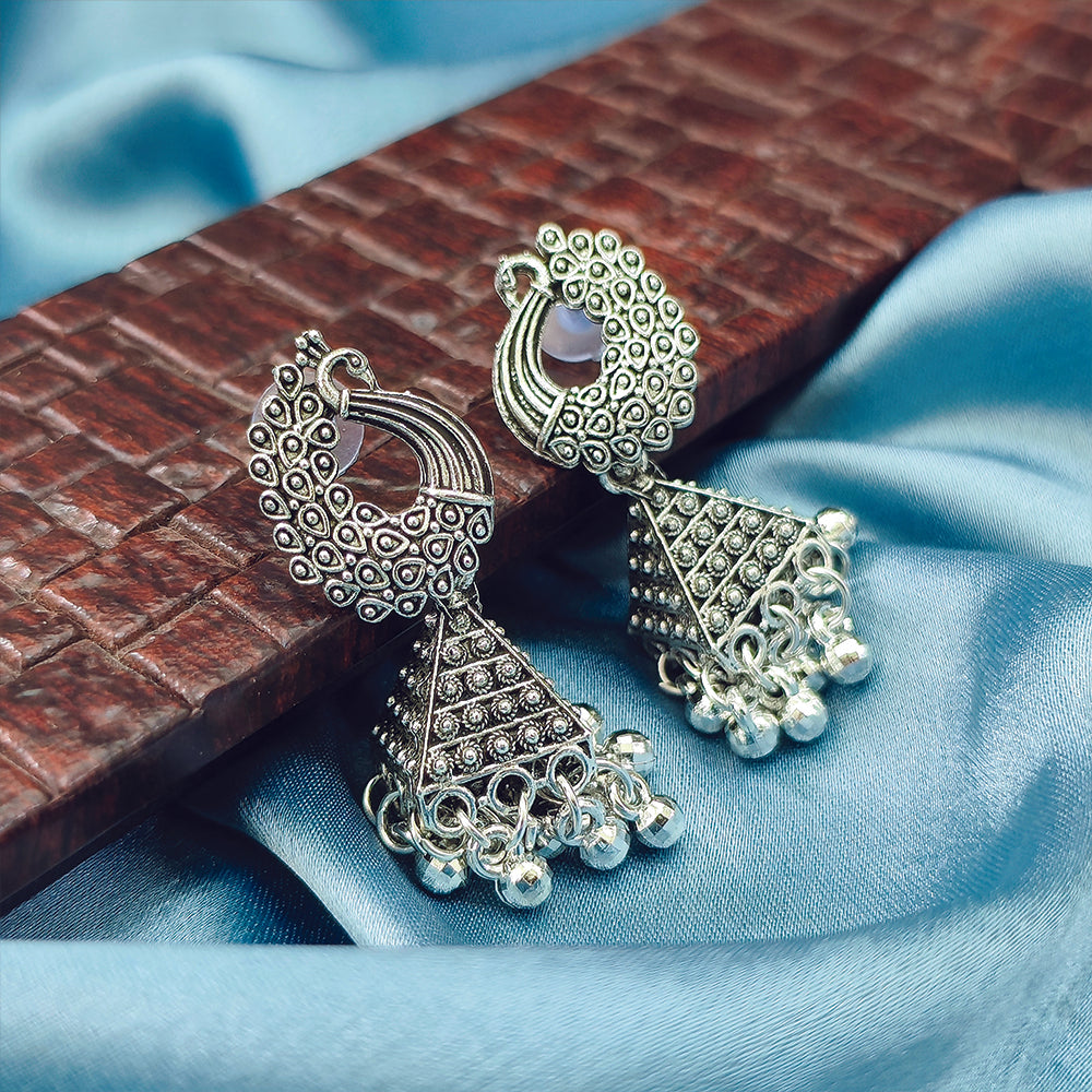 JewelMaze Oxidised Plated Peacock Jhumki Earrings - 1320007