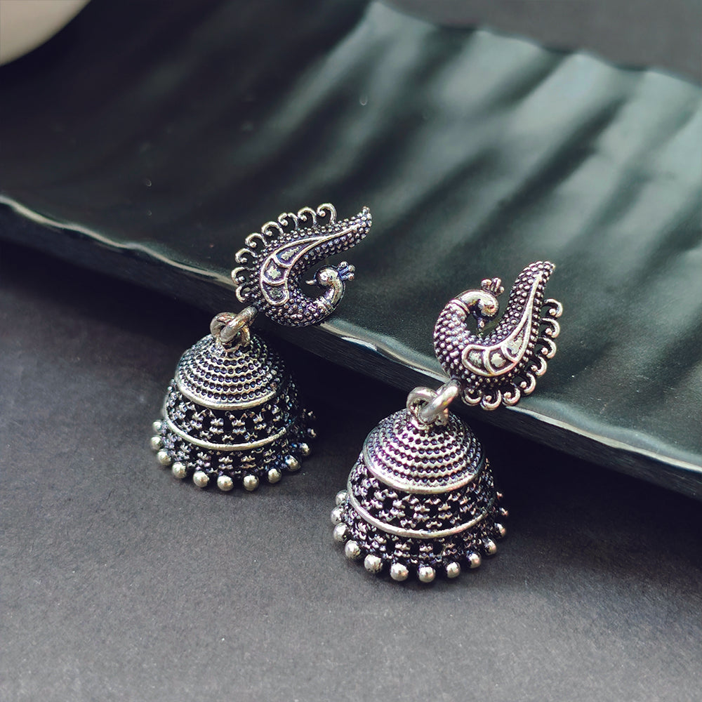 Jewelmaze Oxidized Plated Peacock Jhumki Earrings - 1320022