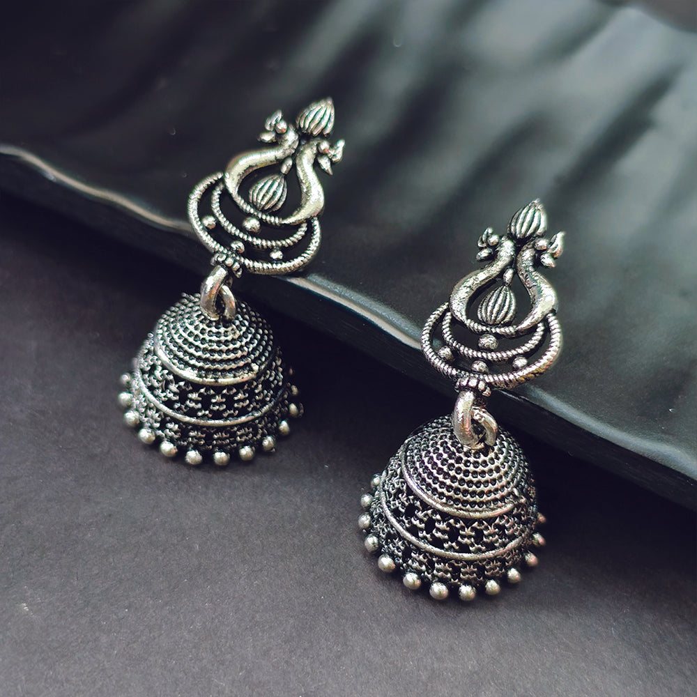 Jewelmaze Oxidized Plated Peacock Jhumki Earrings - 1320023