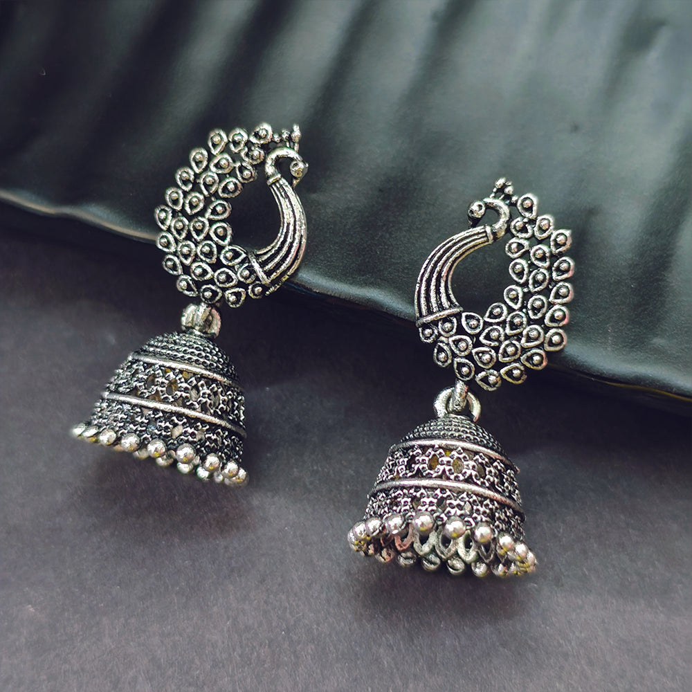 Jewelmaze Oxidized Plated Peacock Jhumki Earrings - 1320024