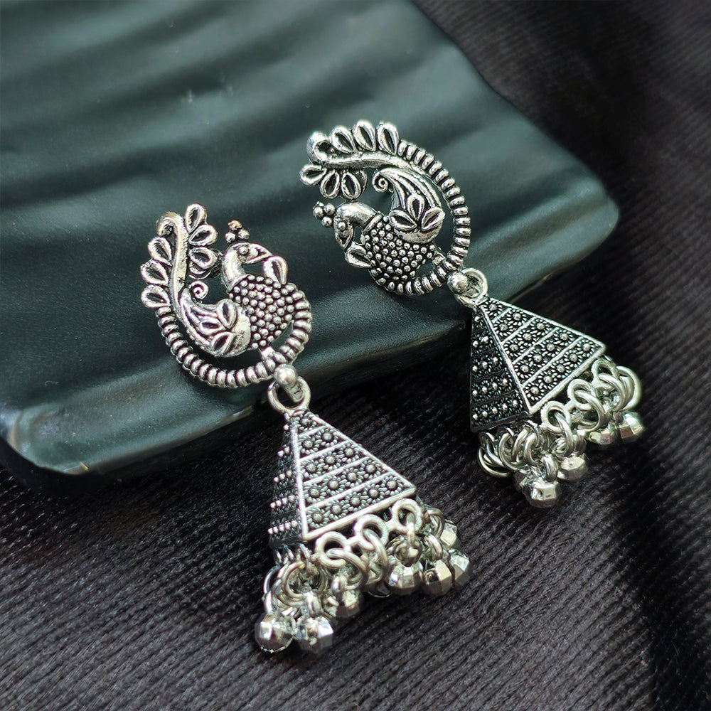 Jewelmaze Oxidised Plated Peacock Jhumki Earrings