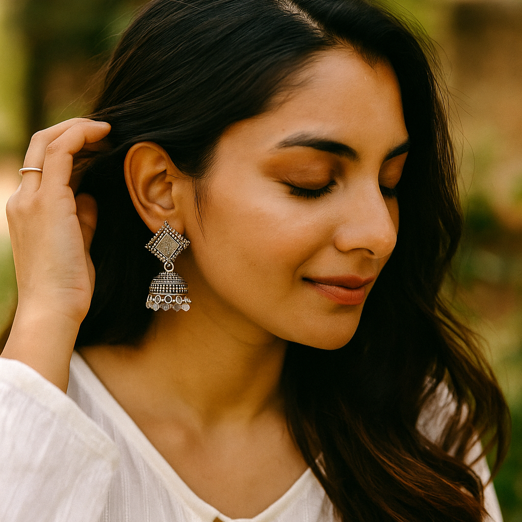 Jewelmaze Oxidised Plated Jhumki Earrings