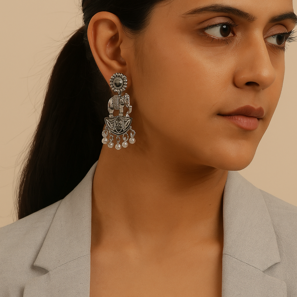 Jewelmaze Oxidised Plated Jhumki Earrings