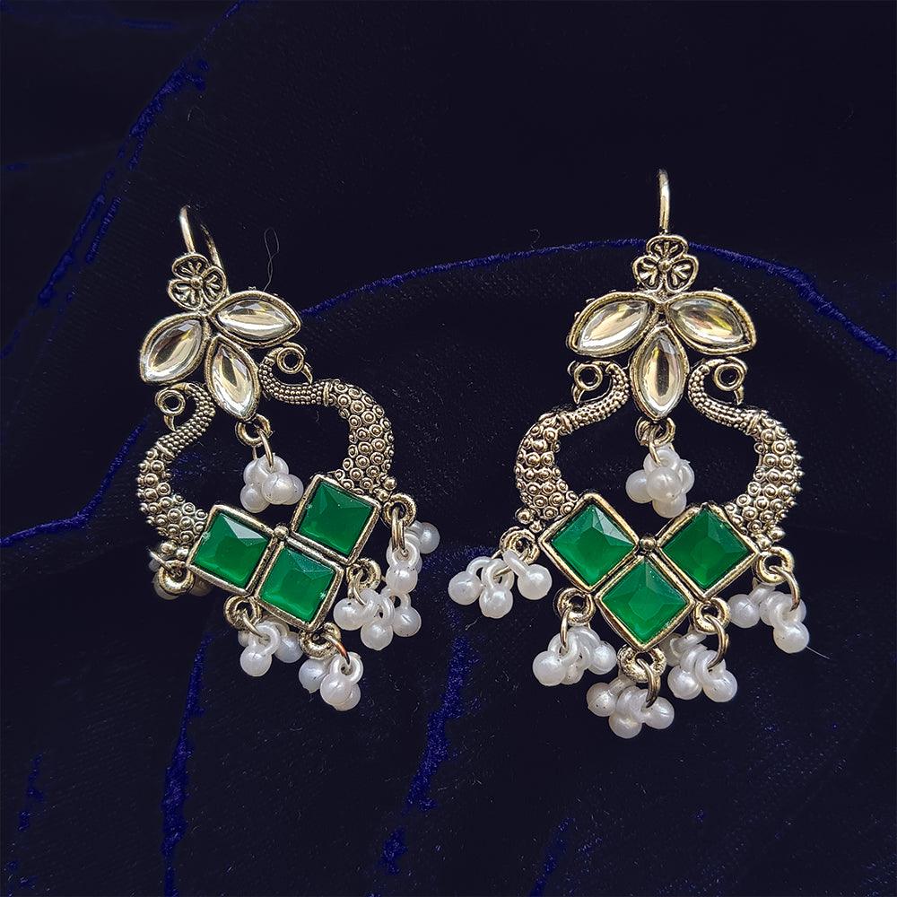 Jewelmaze Oxidised Plated Green Kundan Peacock Dangler Earrings