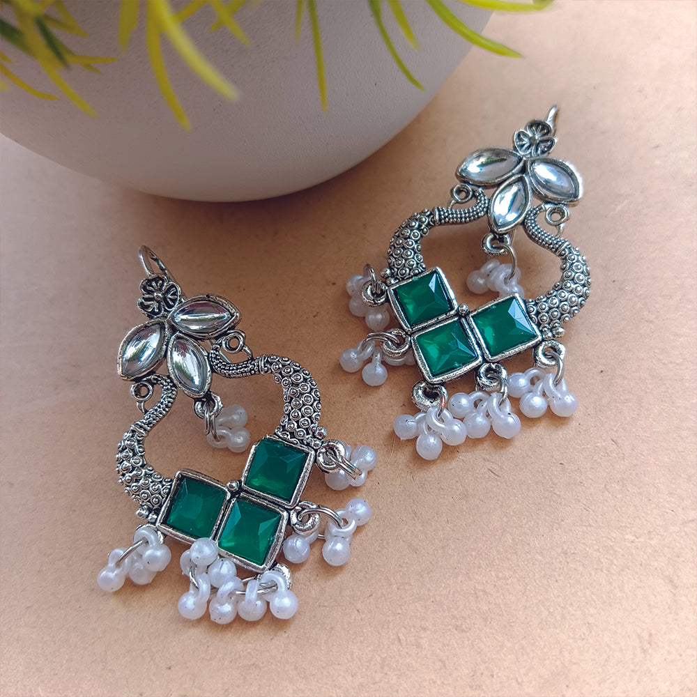 Jewelmaze Oxidised Plated Green Kundan Peacock Dangler Earrings