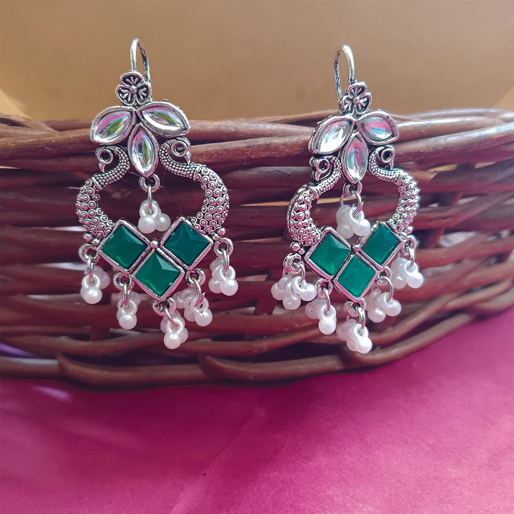 Jewelmaze Oxidised Plated Green Kundan Peacock Dangler Earrings