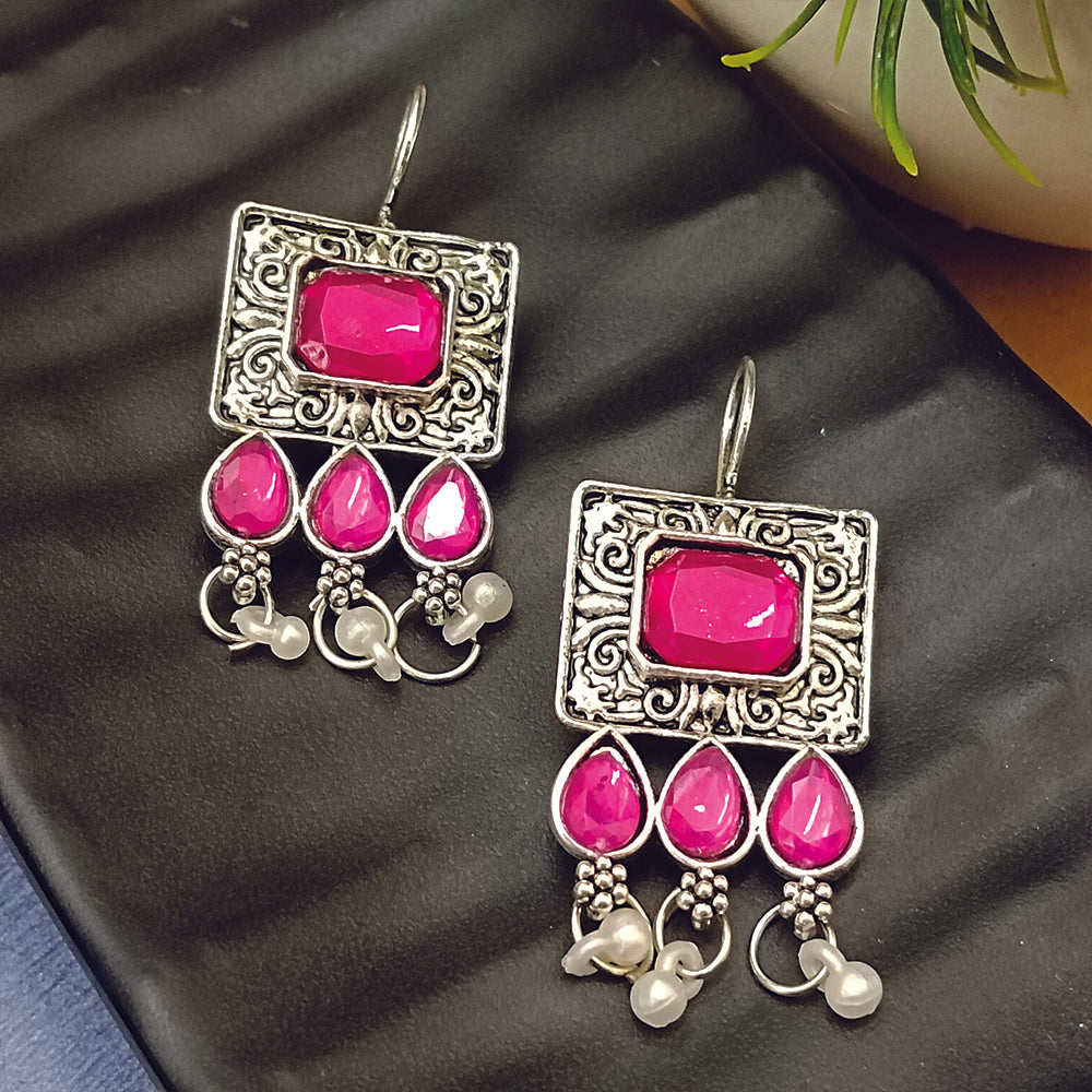Jewelmaze Oxidised Plated Pink Kundan Dangler Earrings