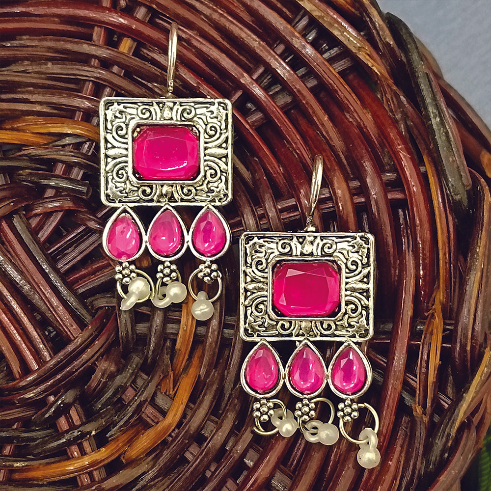 Jewelmaze Oxidised Plated Pink Kundan Dangler Earrings