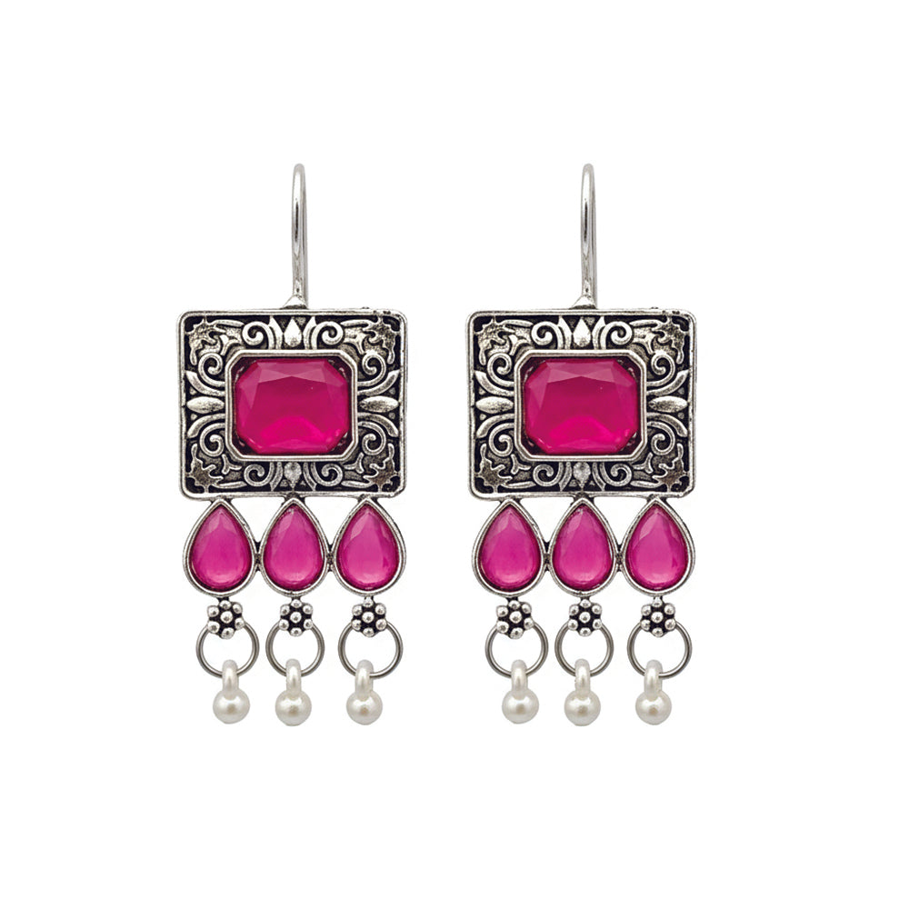 Jewelmaze Oxidised Plated Pink Kundan Dangler Earrings