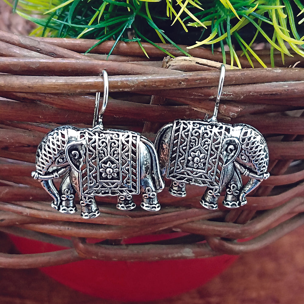 Jewelmaze Oxidised Plated Elephant Shaped Dangler Earrings