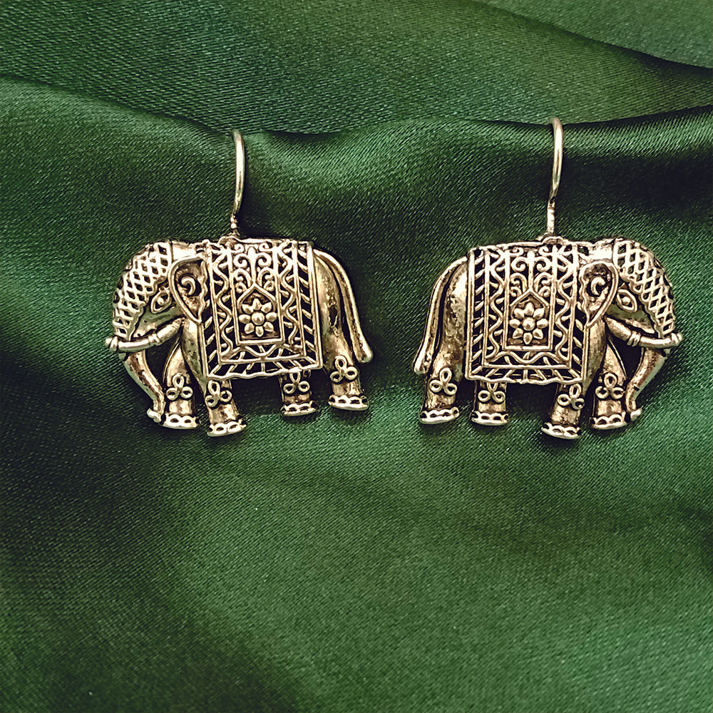 Jewelmaze Oxidised Plated Elephant Shaped Dangler Earrings