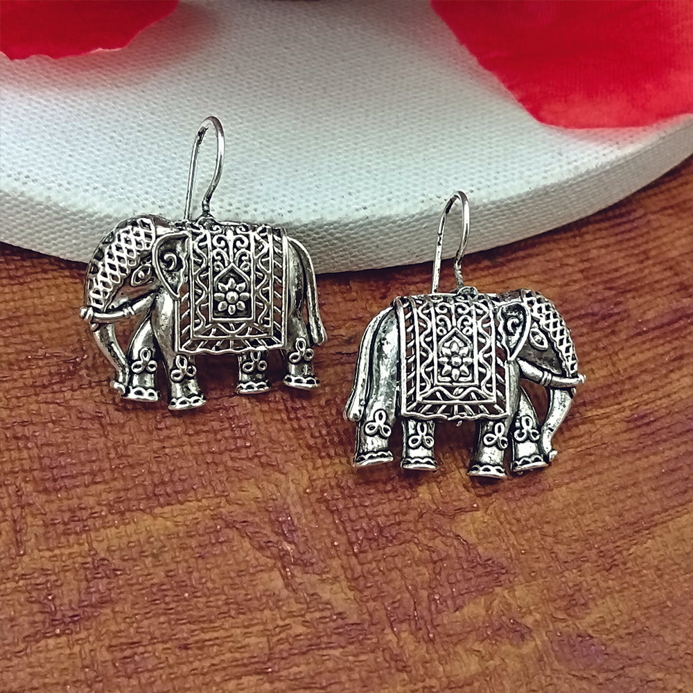 Jewelmaze Oxidised Plated Elephant Shaped Dangler Earrings