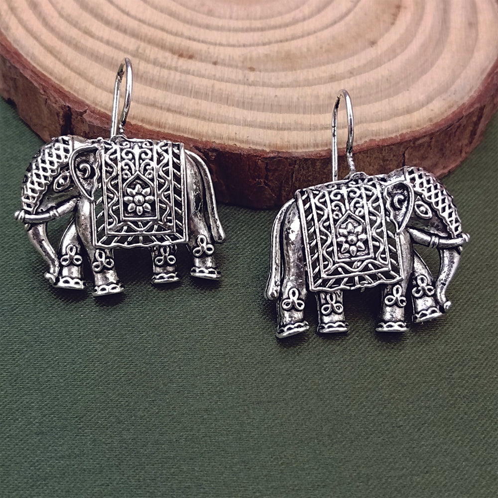 Jewelmaze Oxidised Plated Elephant Shaped Dangler Earrings