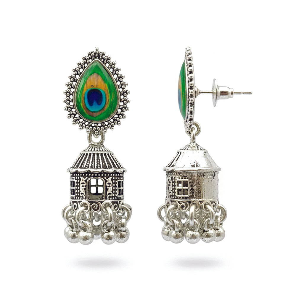Jewelmaze Oxidised Plated Peacock Jhumki Earrings