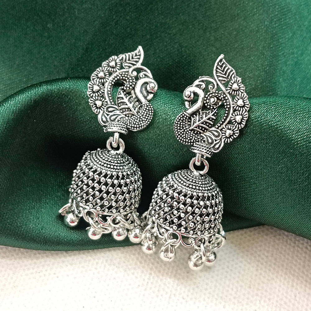 JewelMaze Oxidised Plated Peacock Jhumki Earrings