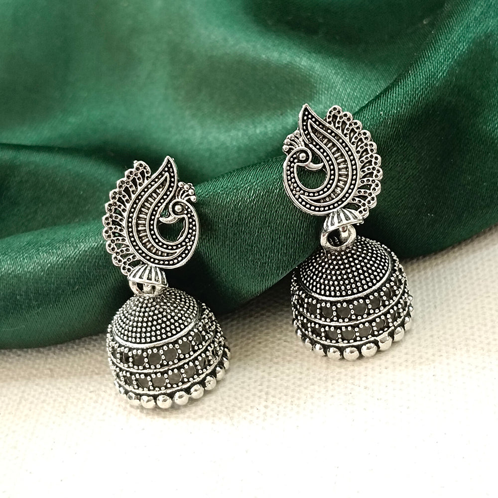 JewelMaze Oxidised Plated Peacock Jhumki Earrings