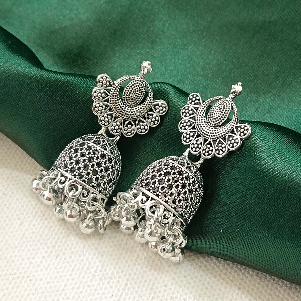JewelMaze Oxidised Plated Peacock Jhumki Earrings