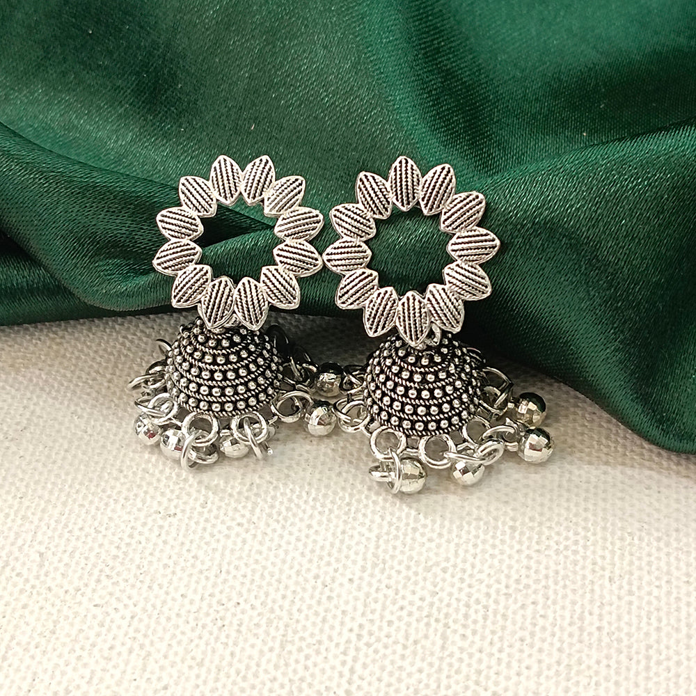 JewelMaze Oxidised Plated Floral Jhumki Earrings