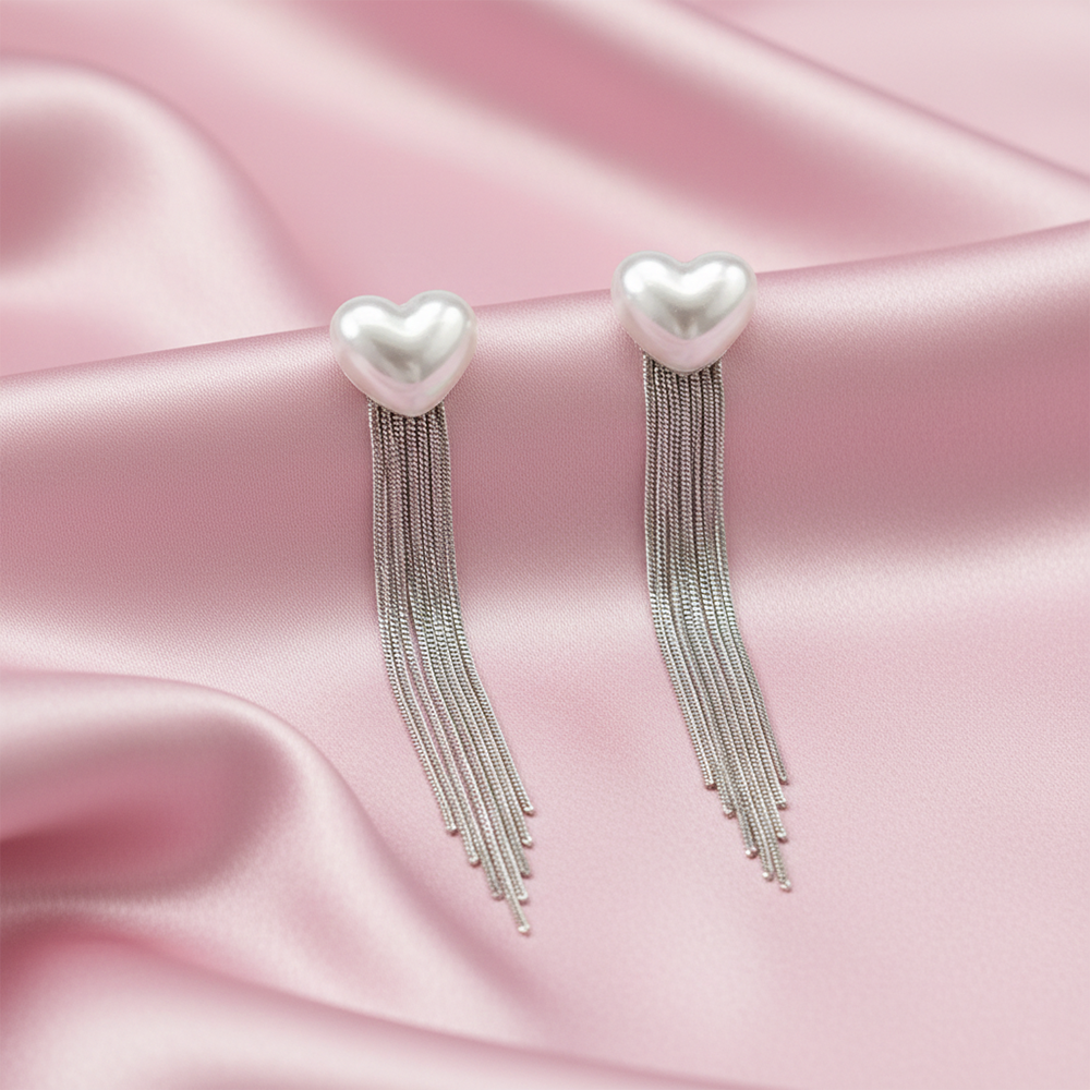 JewelMaze Luxe Heart Pearl  Chic Statement Long  Earrings