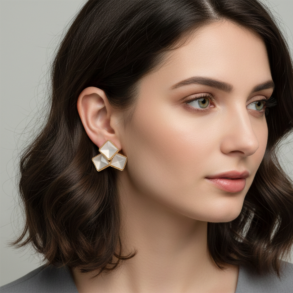 JewelMaze Gold Plated Monalisa White Stone Square Stud Earrings