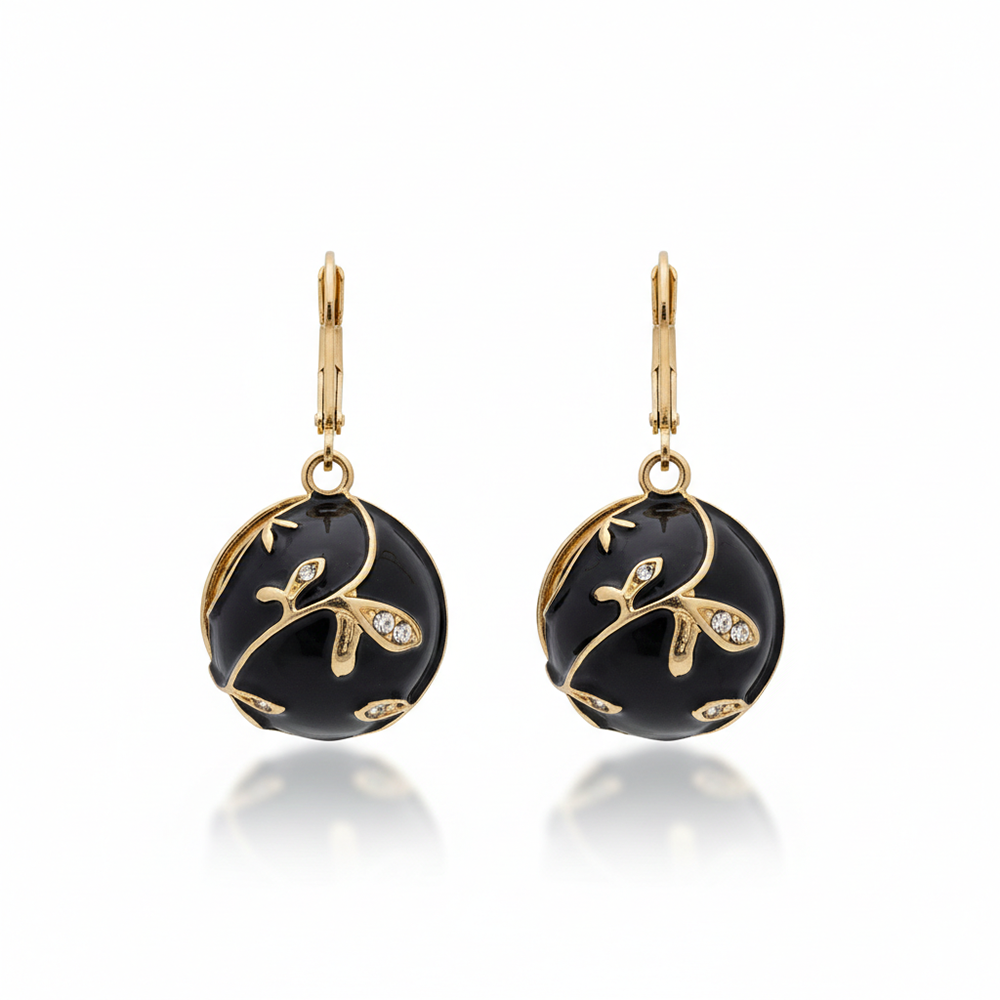JewelMaze Black Enamel Textured Gold-Line Anti Tarnish Dangler Earrings