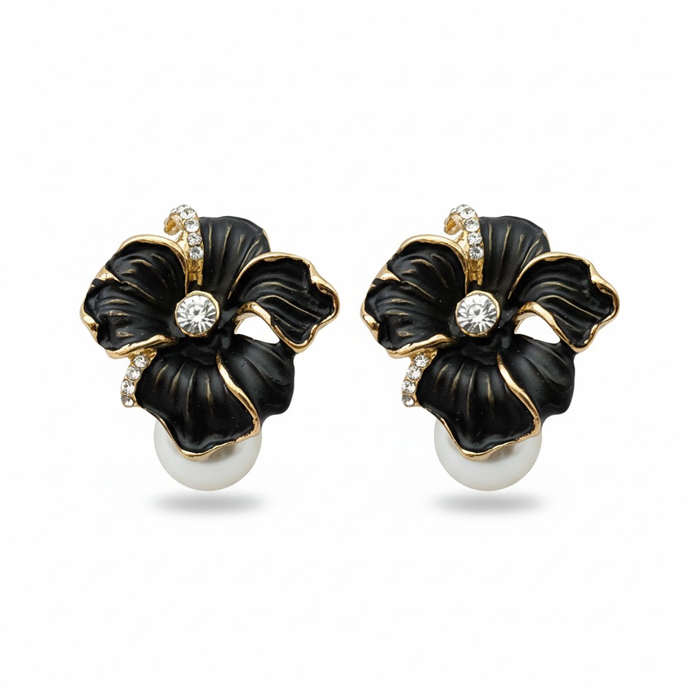 JewelMaze Chic Black Enamel Fashion Floral Anti Tarnish Studs