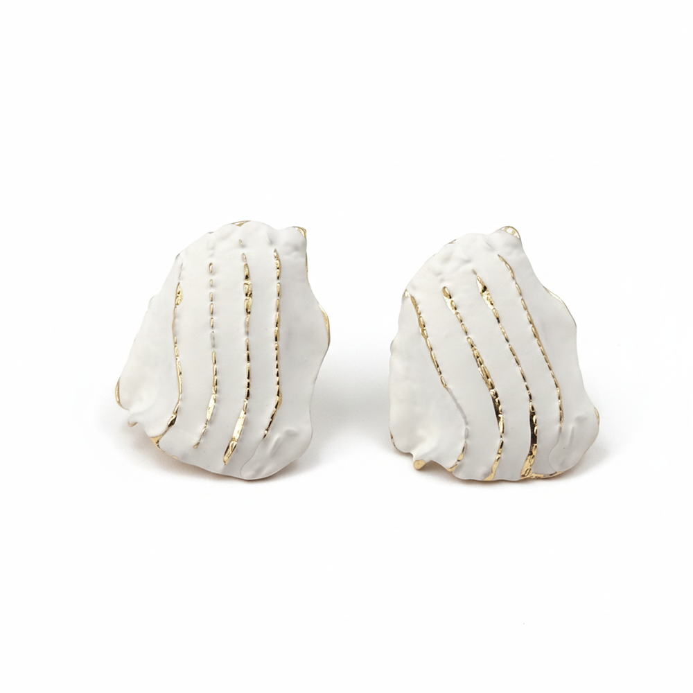 JewelMaze Artistic White Enamel Gold Stroke Anti Tarnish Stud Earrings
