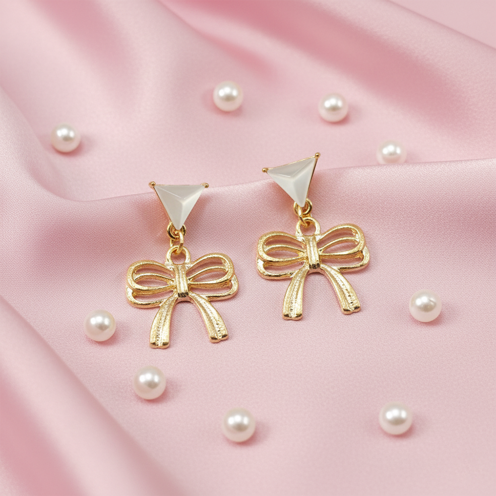 JewelMaze Aesthetic Bow Drop Earrings with Polished Finish