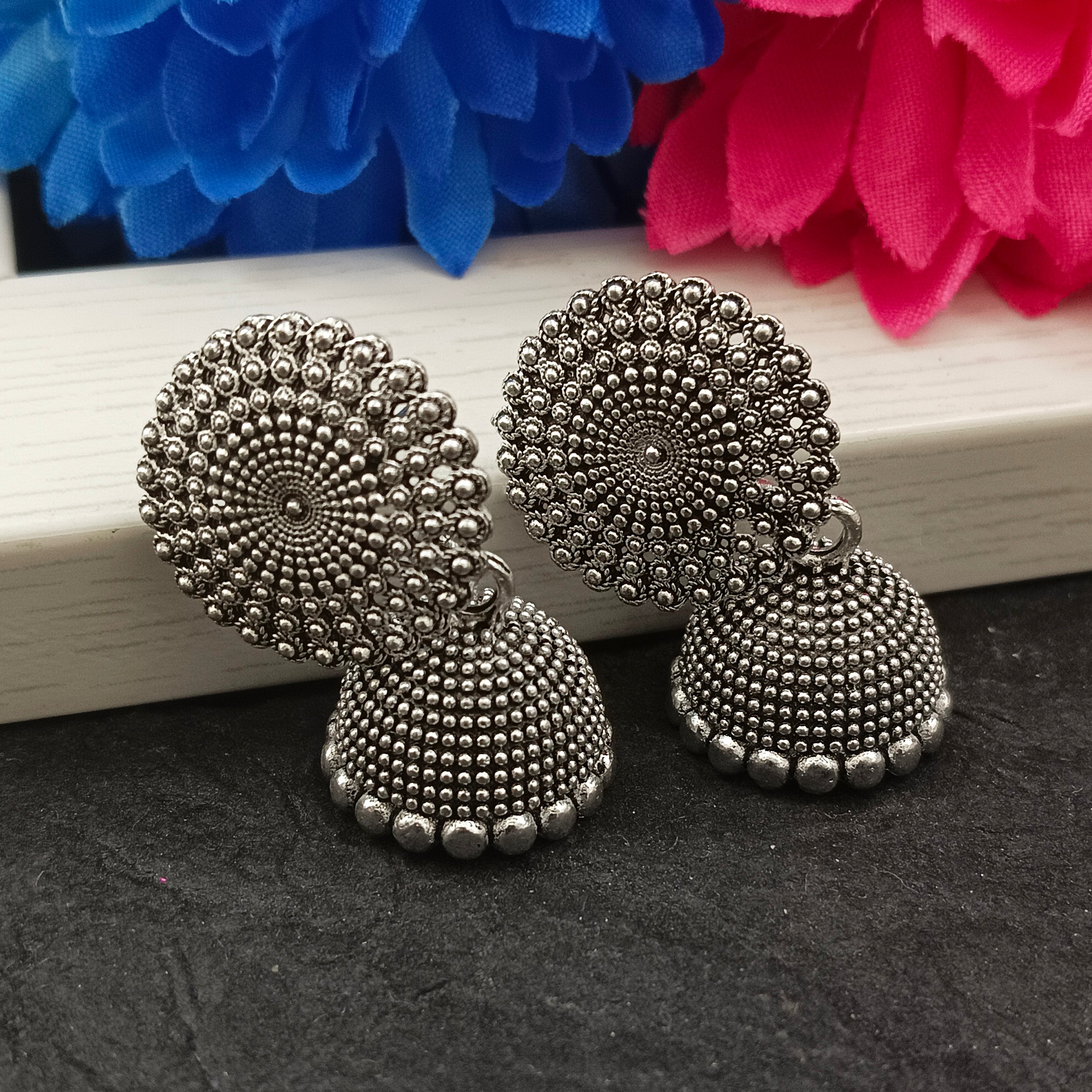 JewelMaze Oxidised Plated Round Shape Jhumki Earrings