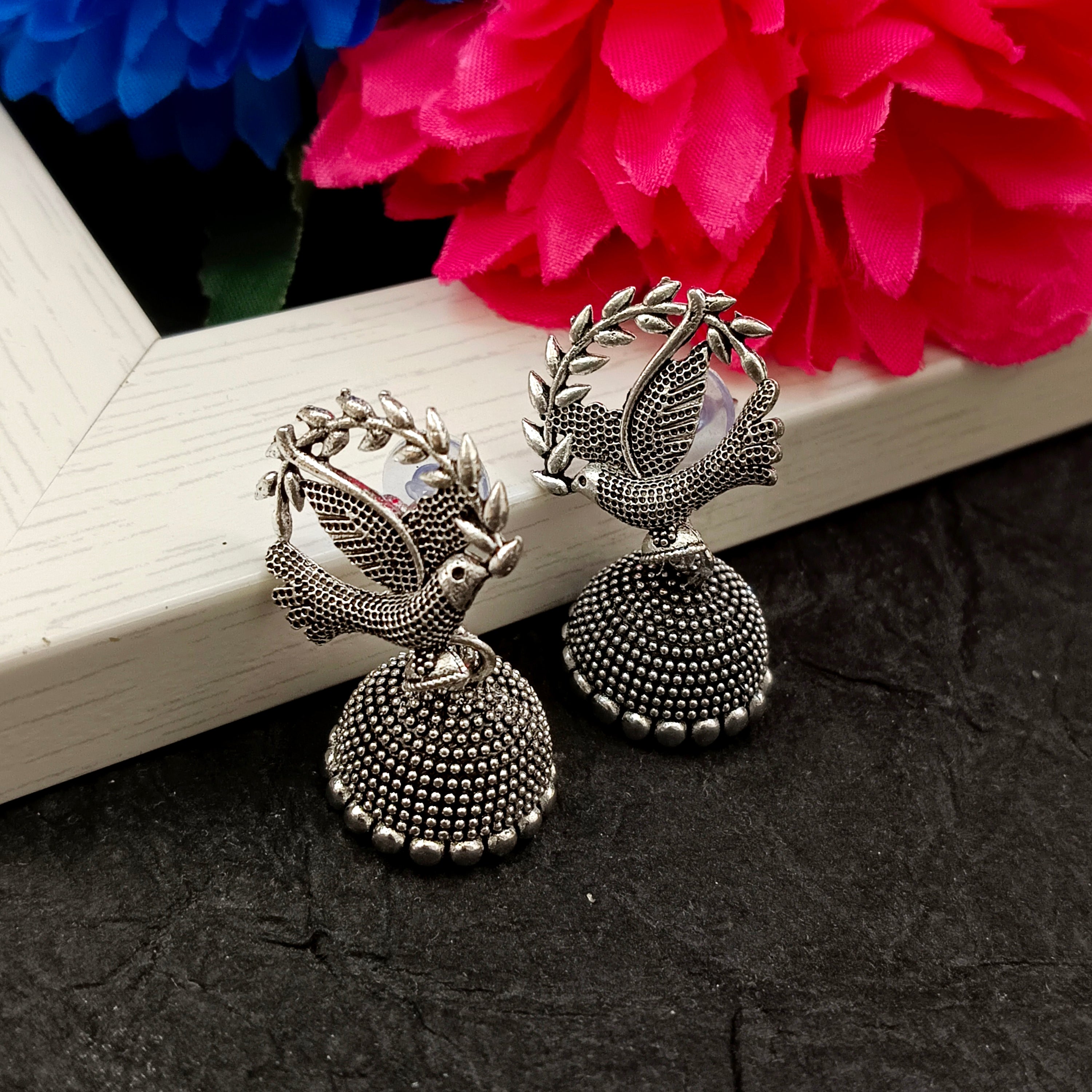 JewelMaze Oxidised Plated Bird Design Jhumki Earrings