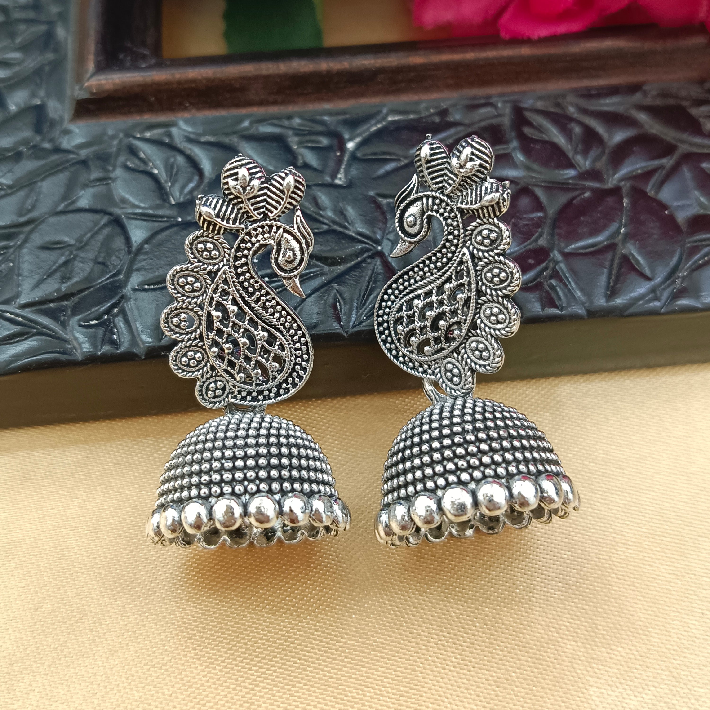 JewelMaze Oxidised Plated Peacock Jhumki Earrings