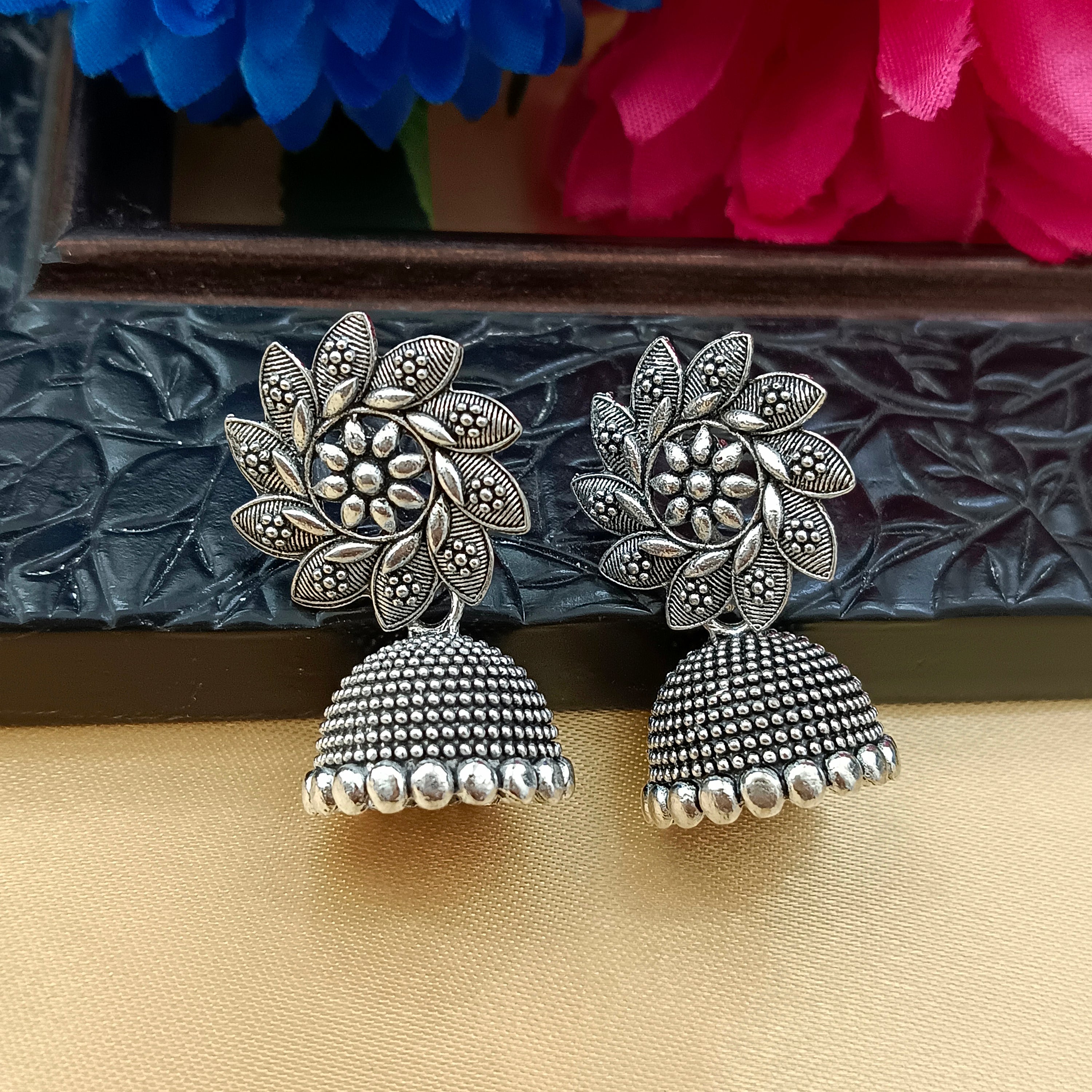 JewelMaze Oxidised Plated Floral Jhumki Earrings