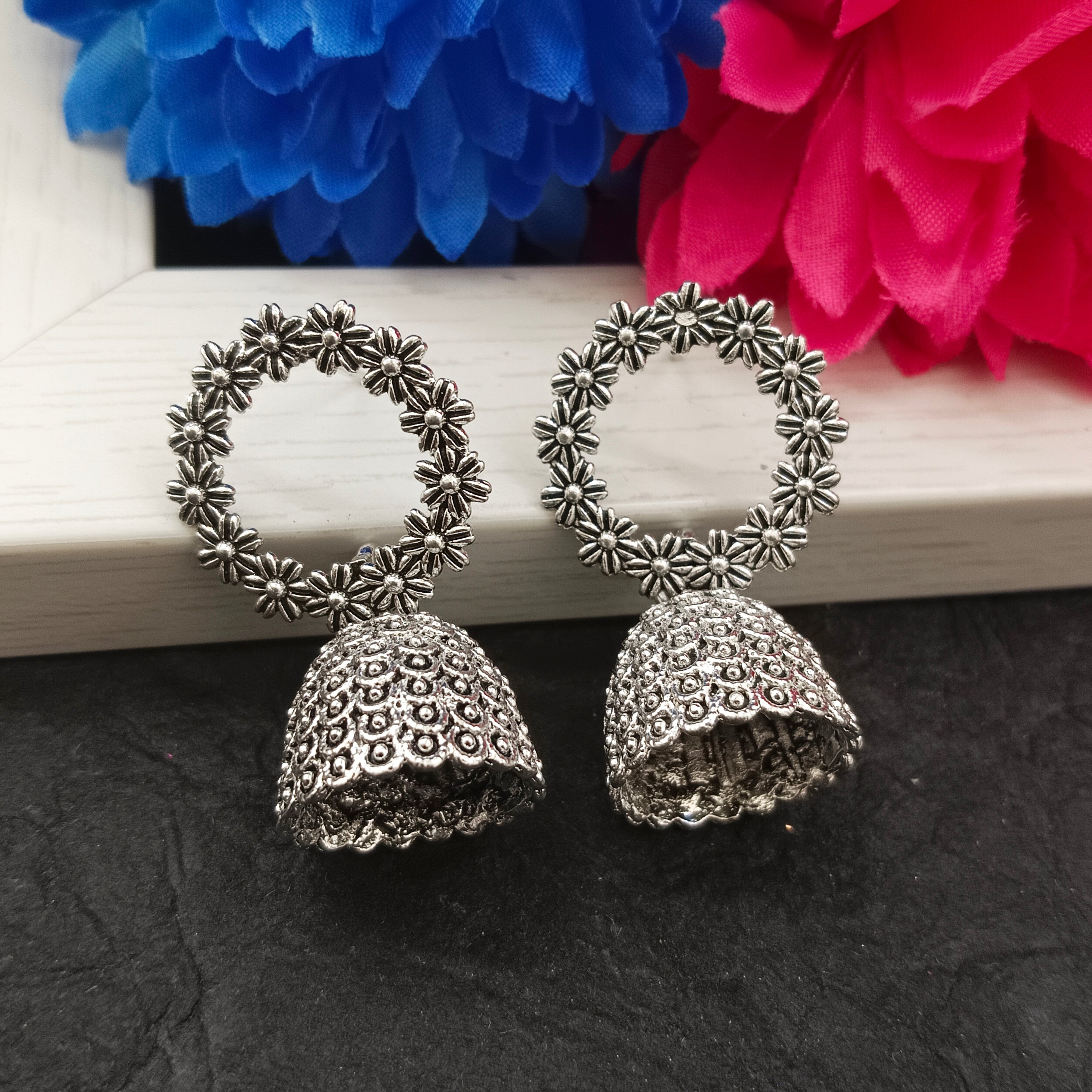 JewelMaze Oxidised Plated Round Shape Jhumki Earrings