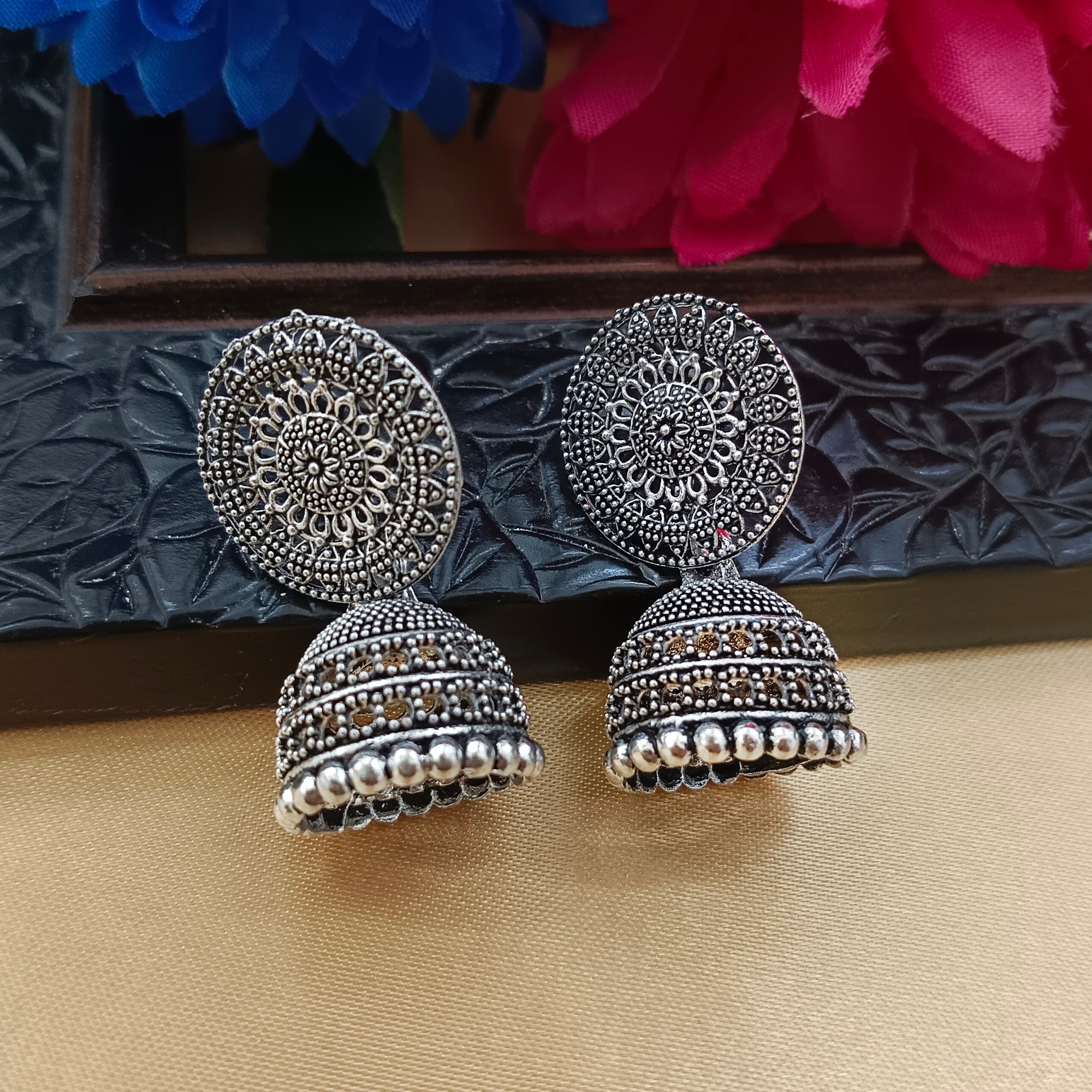 JewelMaze Oxidised Plated Oval DesignJhumki Earrings