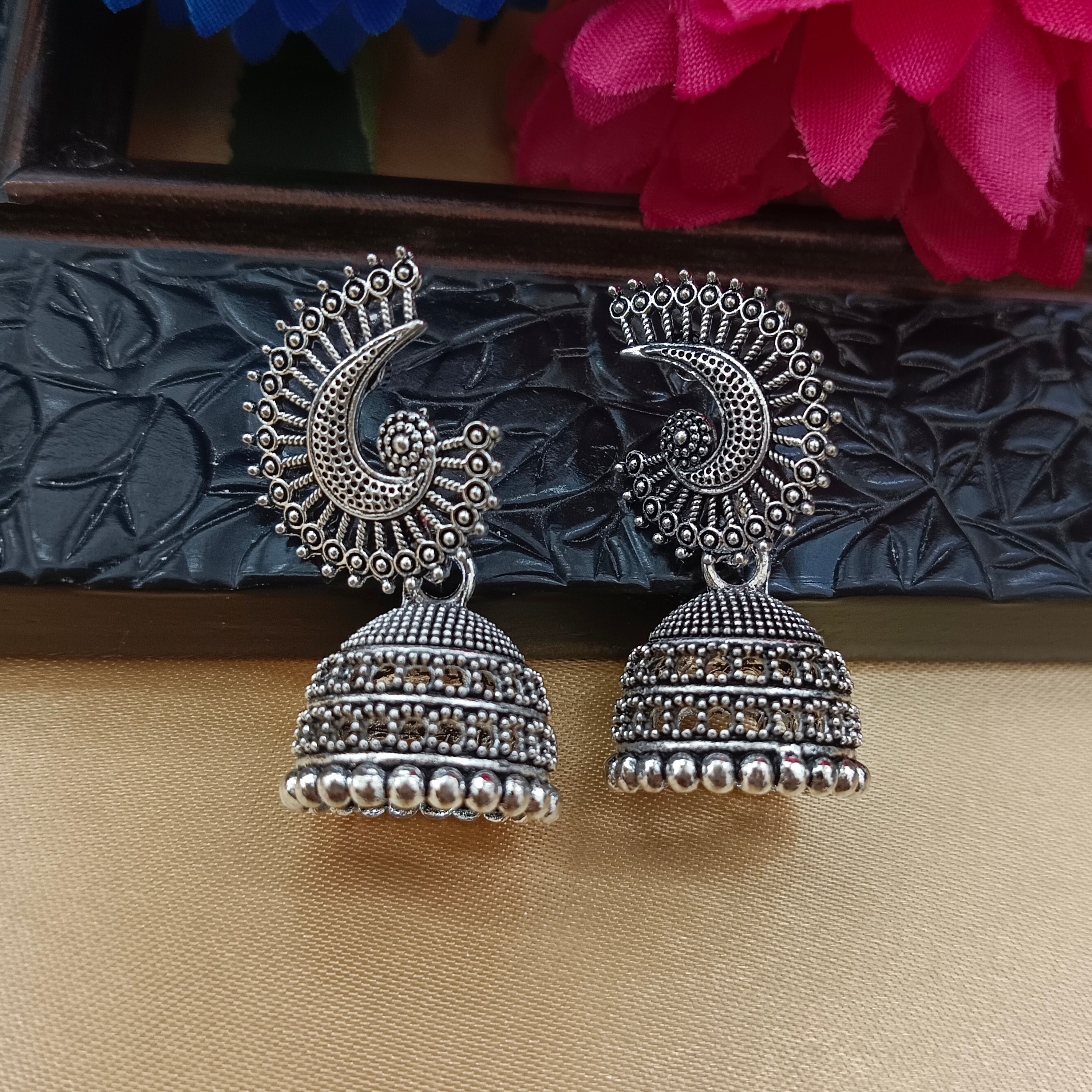 JewelMaze Oxidised Plated Peacock Jhumki Earrings