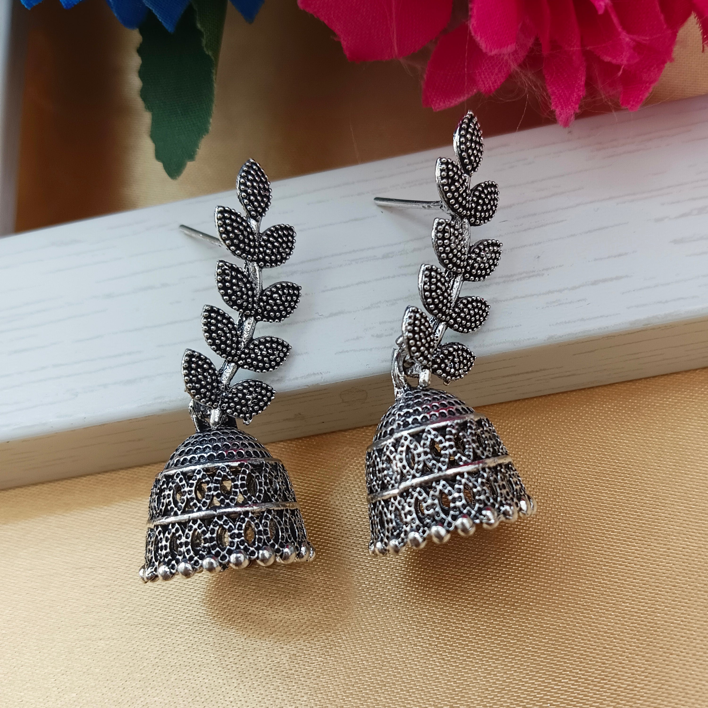 JewelMaze Oxidised Plated Leaves Design Jhumki Earrings