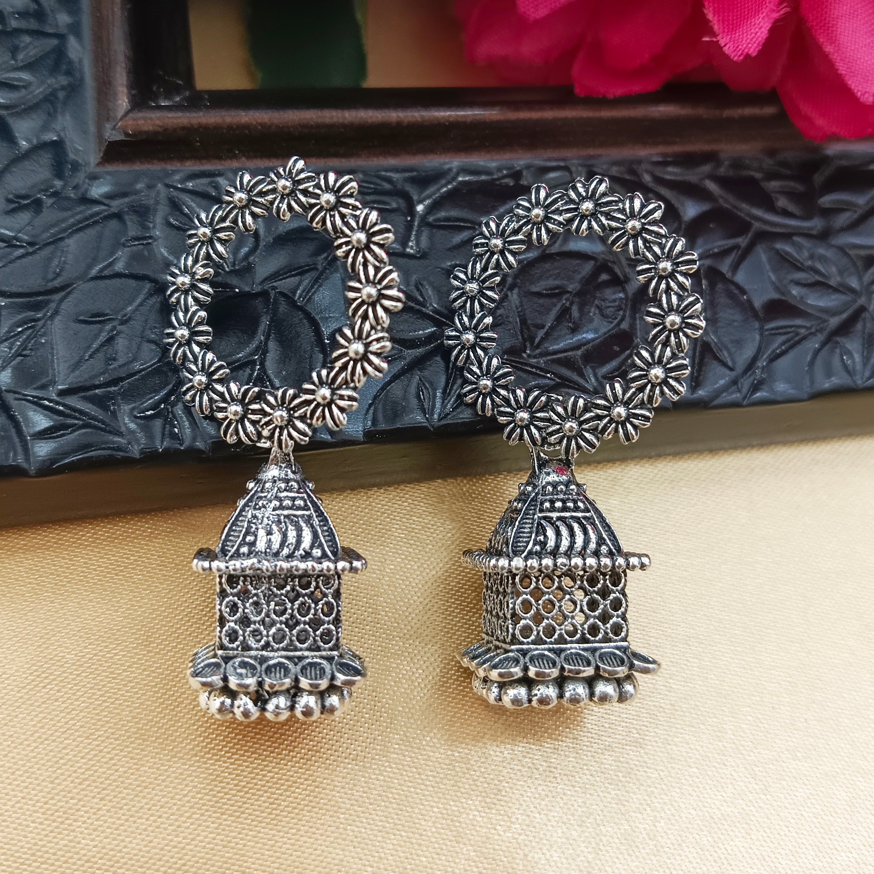 JewelMaze Oxidised Plated Round Shape Jhumki Earrings