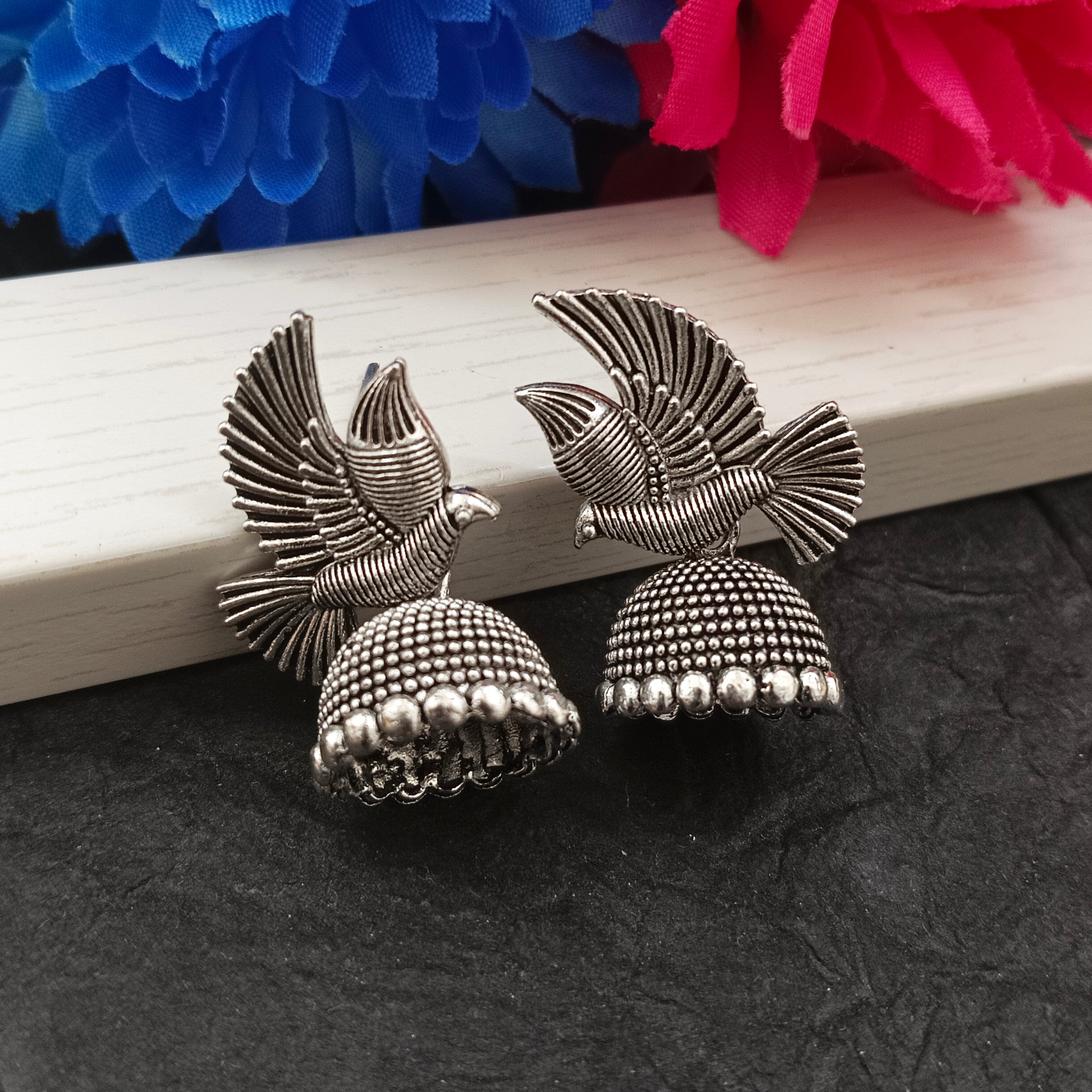 JewelMaze Oxidised Plated Bird Design Jhumki Earrings