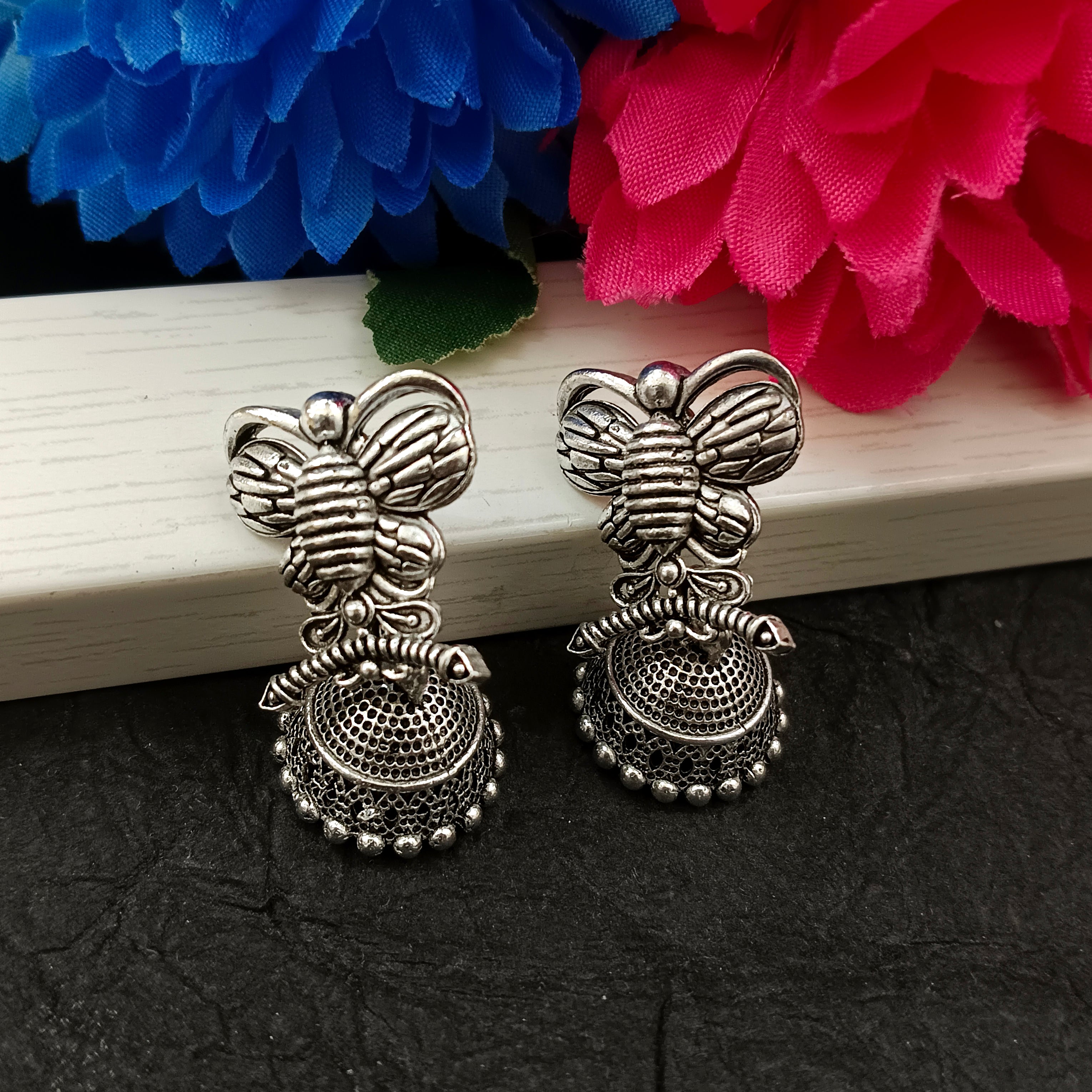 JewelMaze Oxidised Plated Honey BeeJhumki Earrings