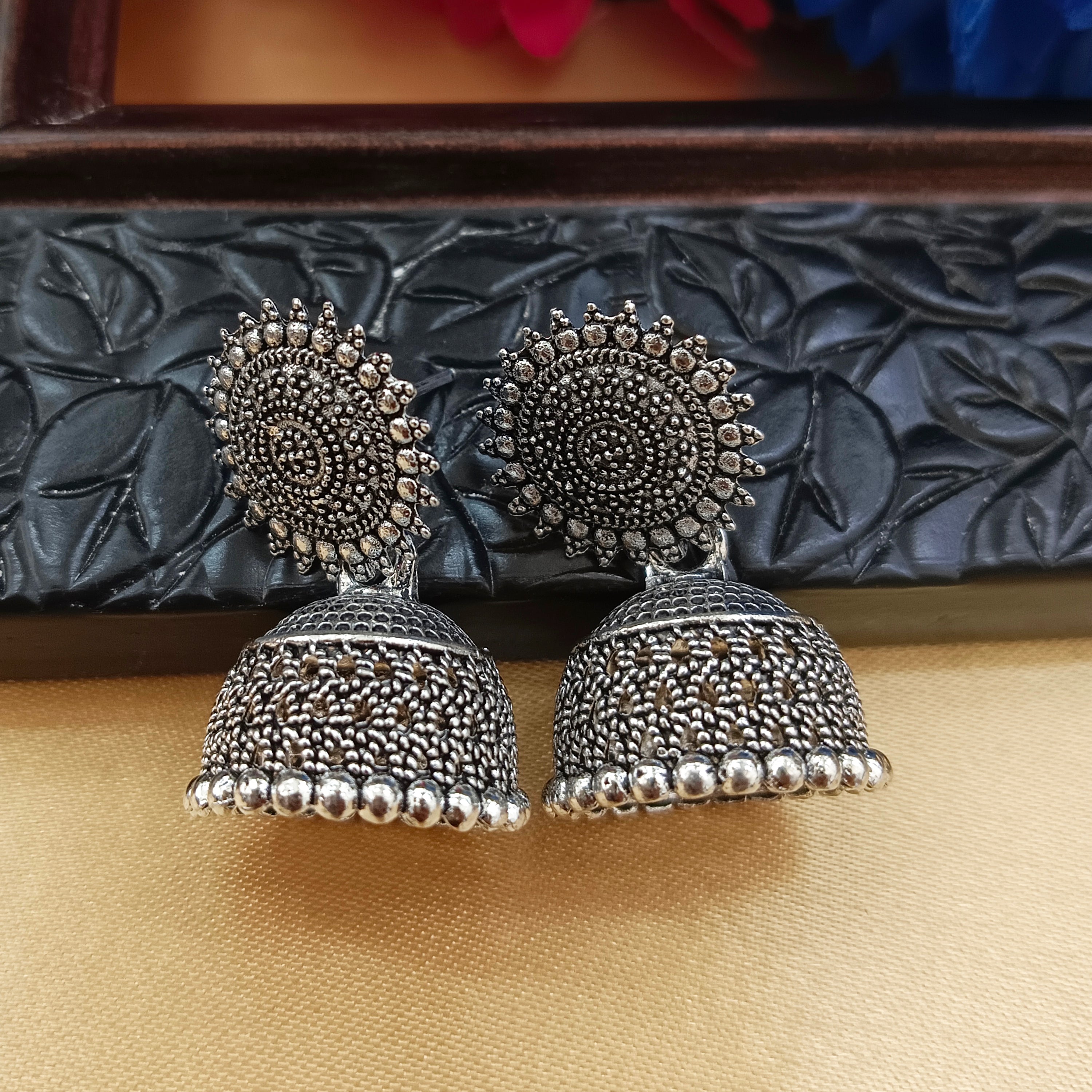 JewelMaze Oxidised Plated Round Shape Jhumki Earrings