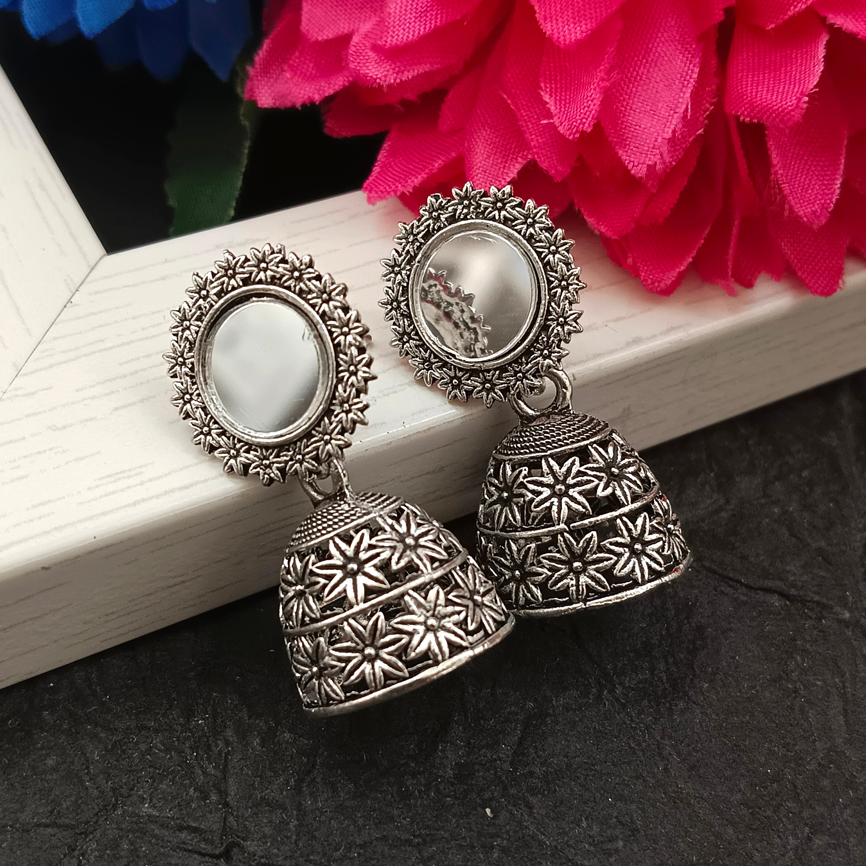 JewelMaze Oxidised Plated Mirror Jhumki Earrings