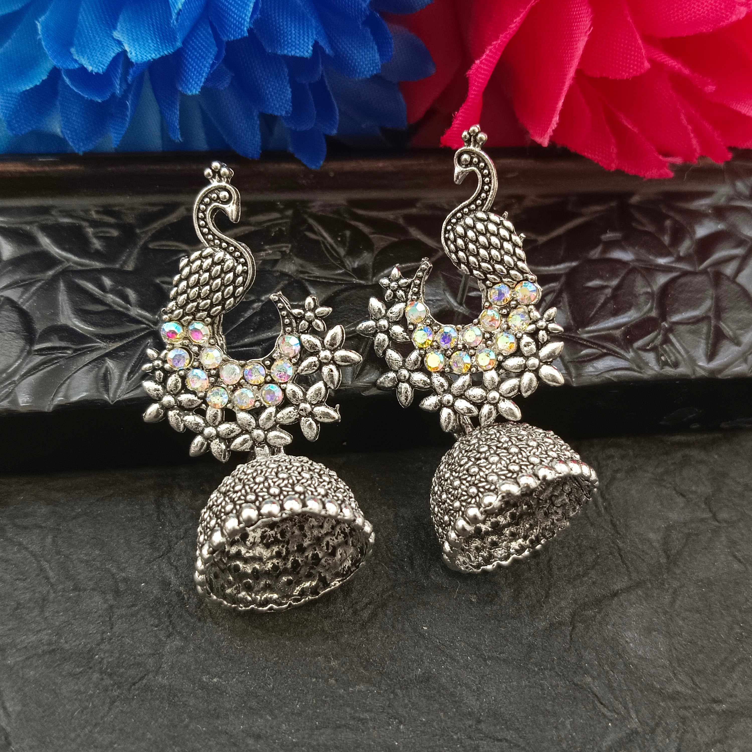 JewelMaze Oxidised Plated Peacock Jhumki Earrings