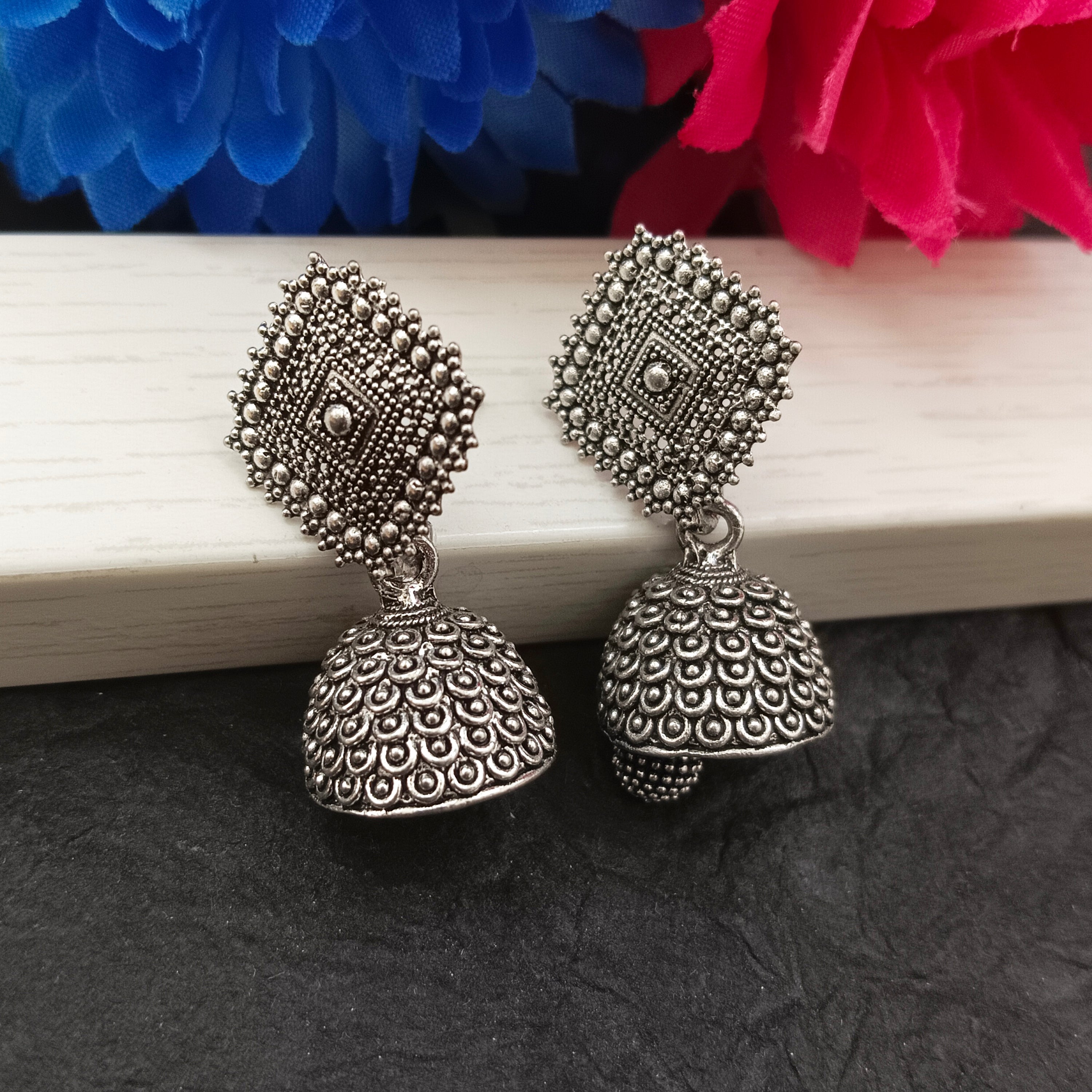 JewelMaze Oxidised Plated Square Shape Jhumki Earrings