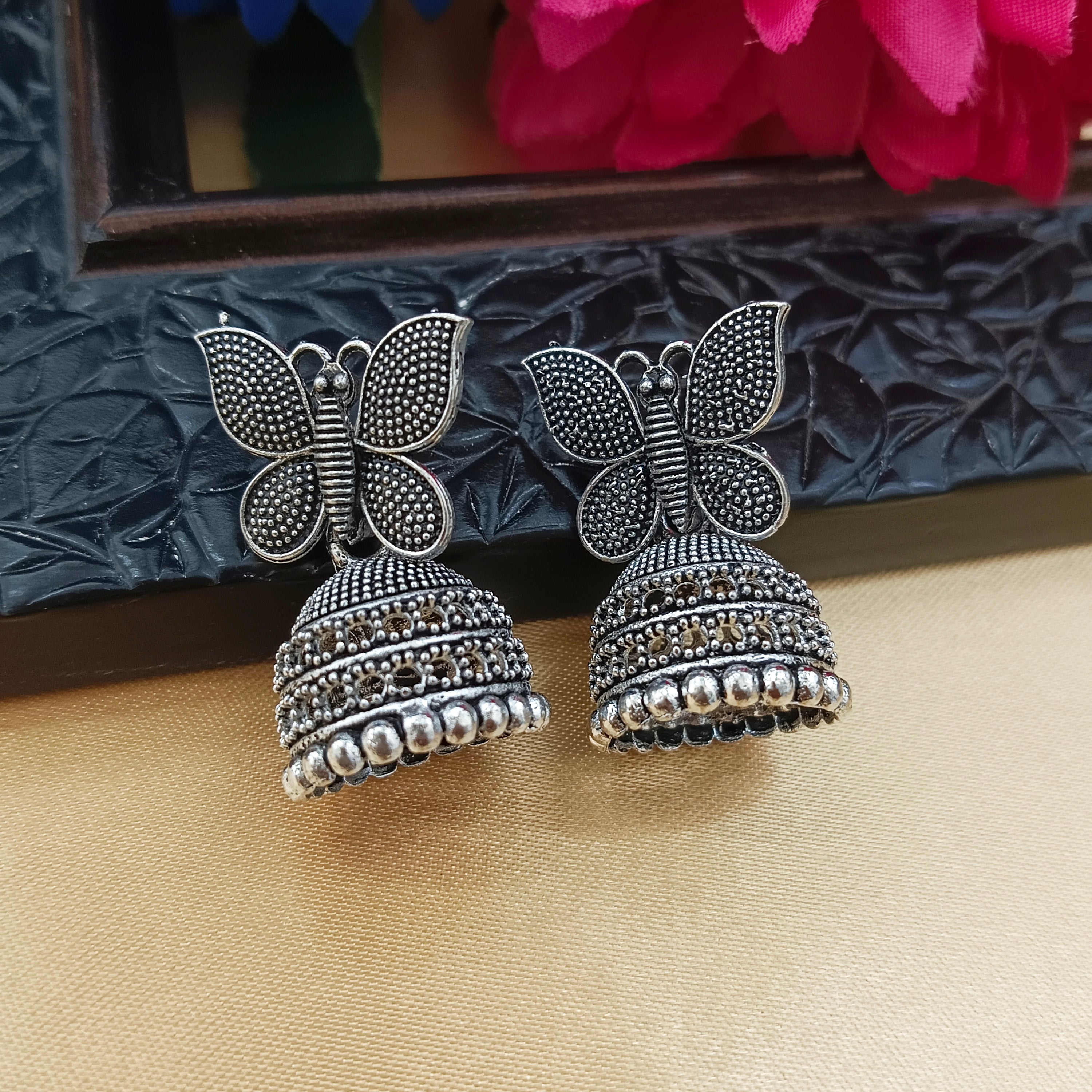 JewelMaze Oxidised Plated Butterfly Jhumki Earrings