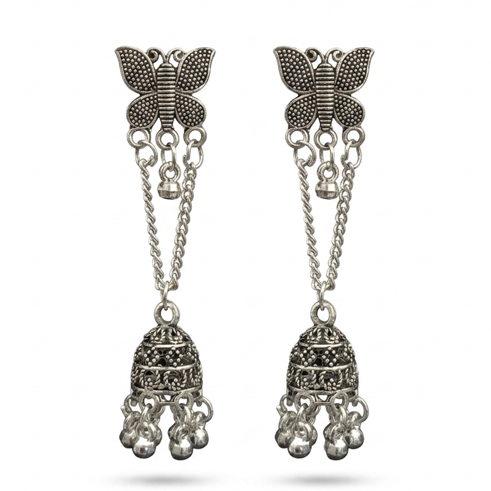 JewelMaze Oxidised Plated Pearl Butterfly Jhumki Earrings