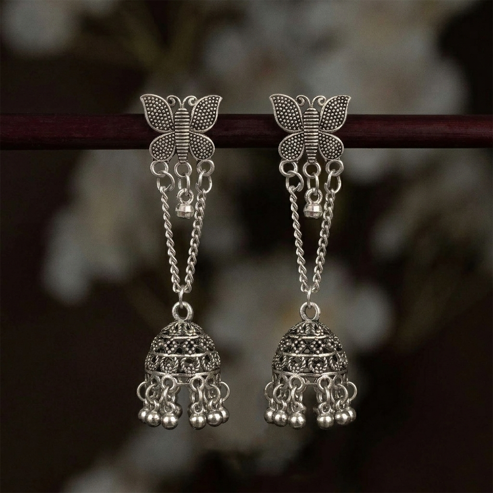 JewelMaze Oxidised Plated Pearl Butterfly Jhumki Earrings