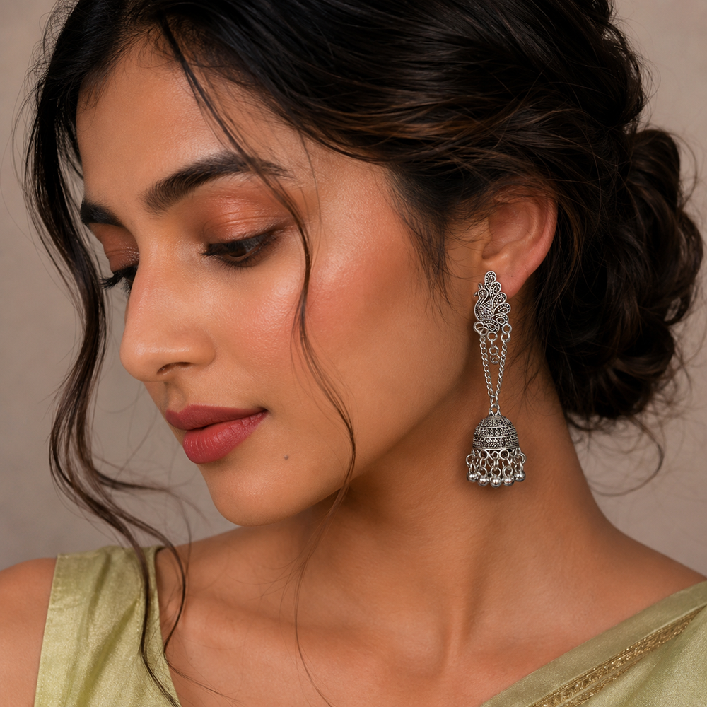JewelMaze Oxidised Plated Pearl Peacock Jhumki Earrings