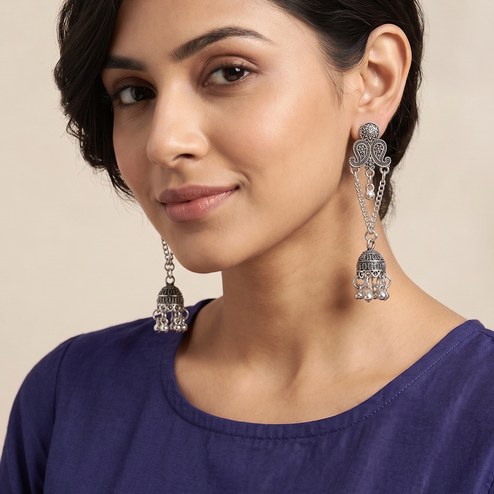 JewelMaze Oxidised Plated Ghungroo Jhumki Earrings