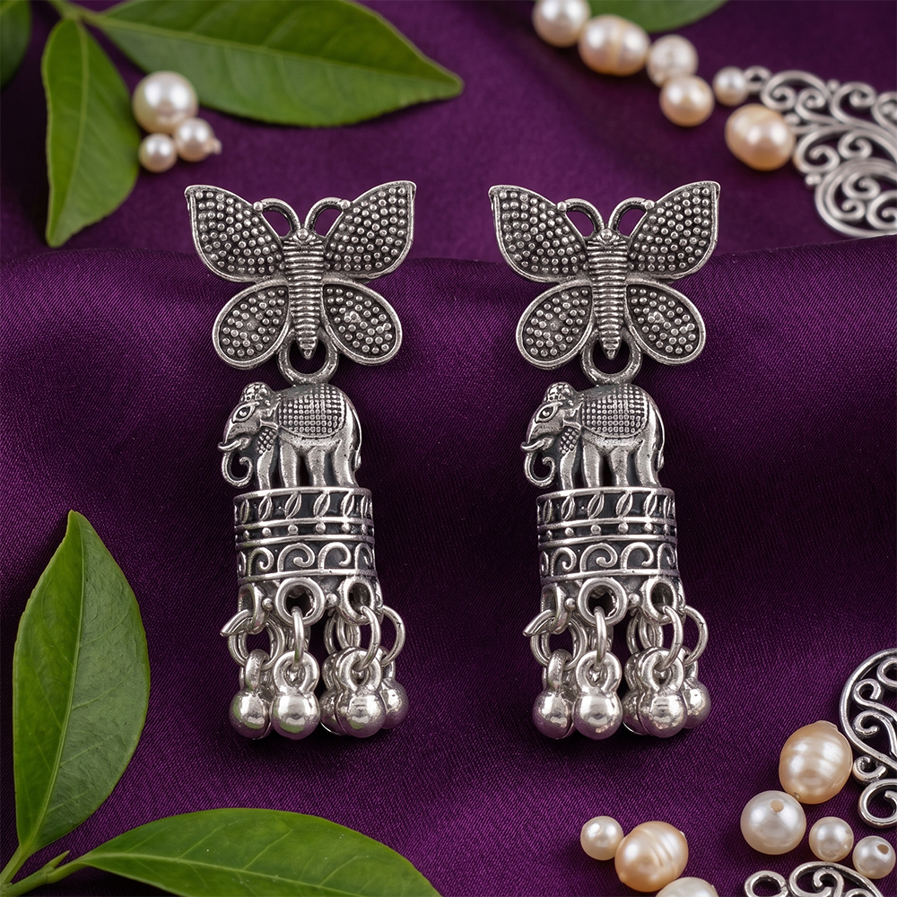 JewelMaze Oxidised Plated Pearl Butterfly Jhumki Earrings