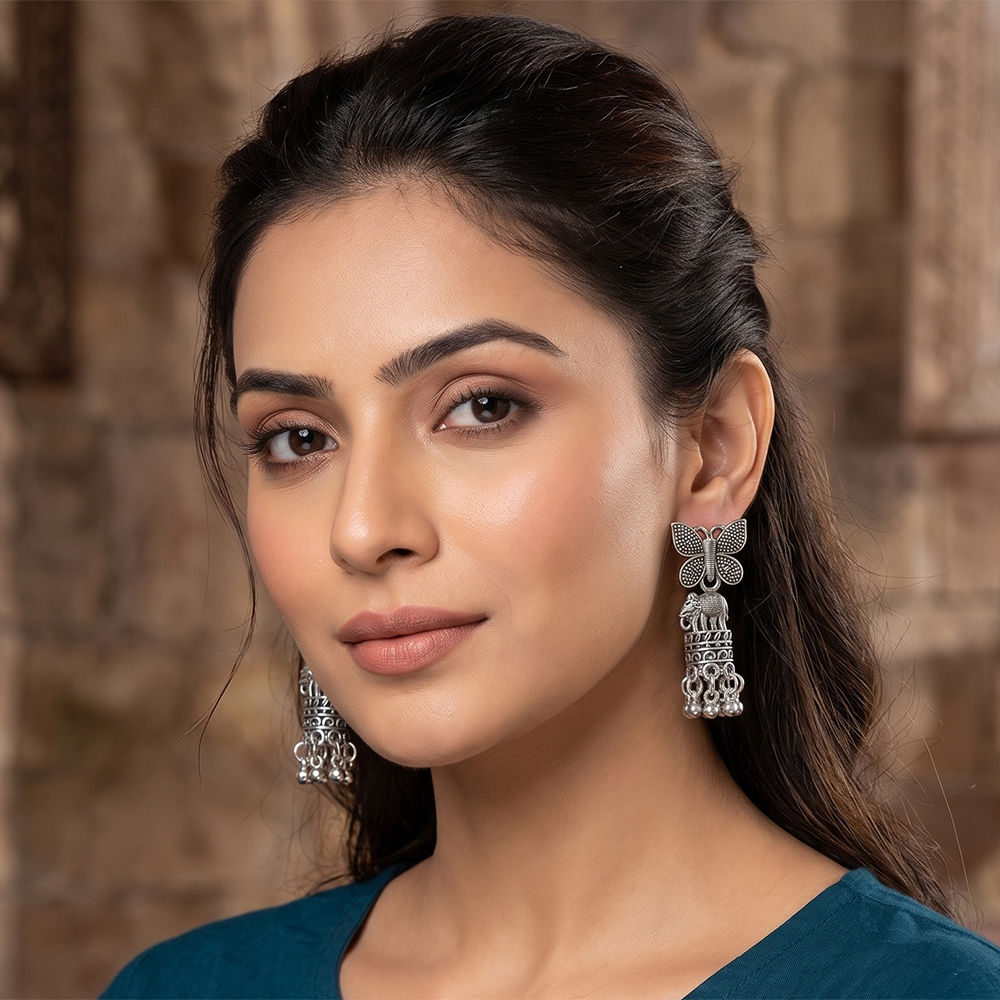 JewelMaze Oxidised Plated Pearl Butterfly Jhumki Earrings